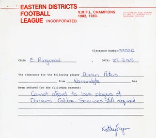Administrative record, East Ringwood Football Club (ERFC) 1988 Clearance Records