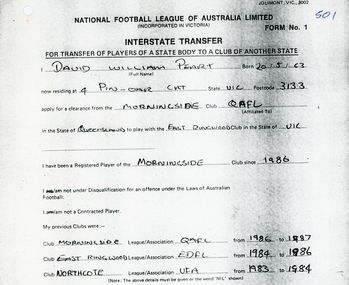 Administrative record, East Ringwood Football Club (ERFC) 1987 Clearance Records