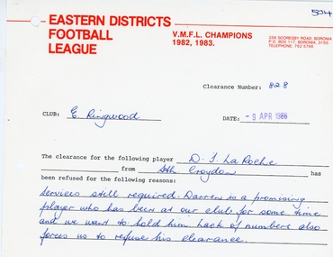 Administrative record, East Ringwood Football Club (ERFC) 1986 Clearance Records