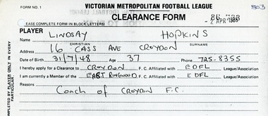 Administrative record, East Ringwood Football Club (ERFC) 1986 Clearance Records