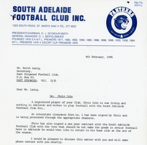 Administrative record, East Ringwood Football Club (ERFC) 1985 Clearance Records