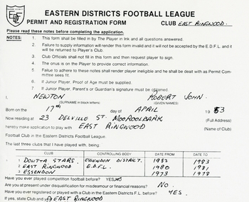 Administrative record, East Ringwood Football Club (ERFC) 1984 Clearance Records