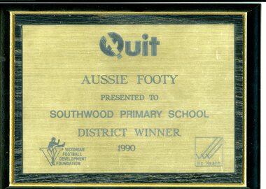 Plaque, Southwood Primary School, 1990, District Footbal award plaque