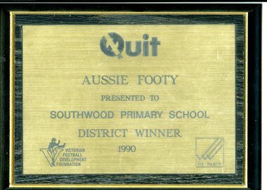 Plaque, Southwood Primary School, 1990, District Footbal award plaque