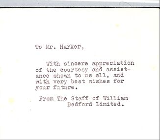 Memorabilia, Card from the Staff of William Bedford Ltd.on Archir Harkers leaving. and a Bill from Davis Tailoring Bourke St. Melbourne for a suit 15-2-1936