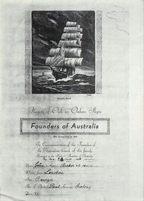 Certificate, Poster presented to those who arrived in Australia prior to1866 Hearts of Oak in Oaken Ships.given to John and Anne Barker and 5 children in 1850