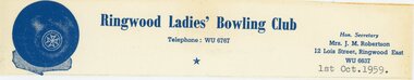 Document, Ringwood Bowls Club- Letterhead, Ringwood Ladies Bowling Club, 1st Oct, 1959