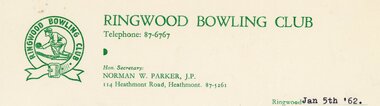 Document, Ringwood Bowls Club- Letterhead, Ringwood Bowling Club, 1962