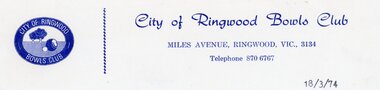 Document, Ringwood Bowls Club- Letterhead, City of Ringwood Bowls Club, 1974