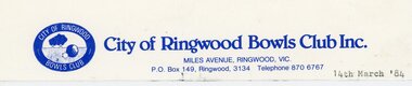 Document, Ringwood Bowls Club- Letterhead, City of Ringwood Bowls Club Inc., 1984