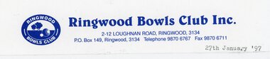 Document, Ringwood Bowls Club- Letterhead, Ringwood Bowls Club Inc., 1997