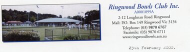 Document, Ringwood Bowls Club- Letterhead, Ringwood Bowls Club Inc., 2000