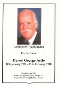 Document, Obituary of Devon George Astle 1922-2010 St Paul's Anglican Church , Ringwood