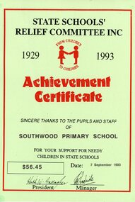 Certificate, State Schools' Relief Committee Inc. Achievement Certificate, 7th, September, 1993