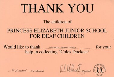 Certificate, THANK YOU. The children of Princess Elizabeth Junior School for Deaf Children