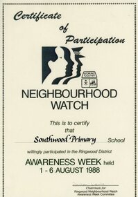 Certificate, Neighbourhood Watch Certificate of Particpation 1988