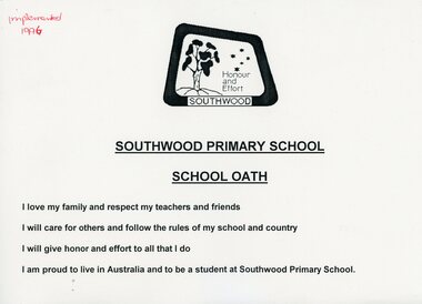 Work on paper, Southwood Primary School, School Oath, 1996