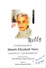Document, Order of Funeral Service for Minnie Elizabeth Voice September 2007, Ringwood