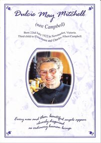 Booklet, Service Booklet for the funeral of Dulcie May Mitchell (nee Campbell) who worked for Carter Real Estate for 20 years