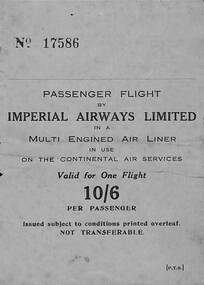 Memorabilia, Imperial Airways Limited Flight Ticket No 17586 (part of the Wieland Collection). Undated but possibly 1930's
