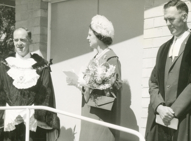 Photograph, Official opening of Heathmont Infant Welfare Centre, 30th November 1960. Mayor Horman, Lady Brooks and Town Clerk Mr F Dwerryhouse