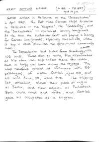 Archive, Collection of Family History material relating to the Wanke Family, starting with Ernst Gottlob Wanke. Includes extensive handwritten history