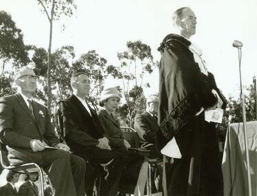 Photograph, Open Day, Ringwood Technical School, 31st May, 1961, Mr Veitch (left), Principal and Mayor Bob Horman speaking