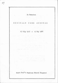 Document, In Memorium leaflet for  Reginal Owen Spencer 19th. July 1917-12th. May 1896 St. Paul's Church , Ringwood