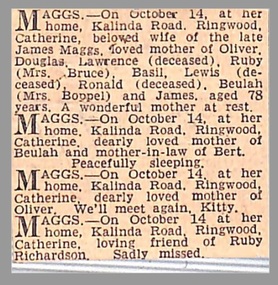 Newspaper, "Age" Newspaper cutting announcing the death of Catherine Maggs on 14th. October 1960
