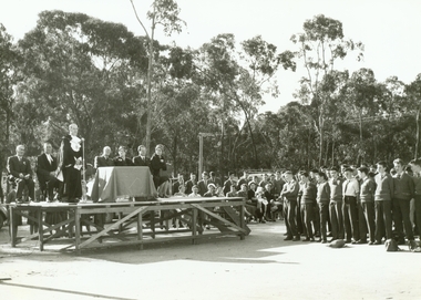 Photograph, Open Day, Ringwood Technical School, 31st May, 1961, Mayor Horman speaking, with audience