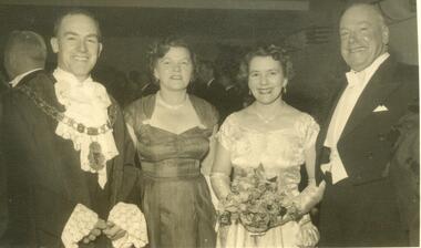 Photograph, Mayoral Ball 10th June, 1955, at Ringwood.  Cr R Horman, Mrs Pickett, Mrs Horman, Cr F Pickett, President of Ferntree Gully