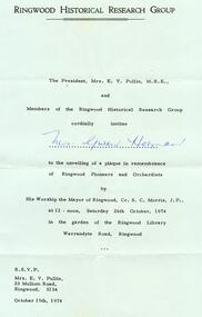 Photograph, Invitation from the Ringwood Historical Research Group on 26th October 1974. From the Ellie Pullin MBE and members of the RHRG to Mrs G Horman. To unveil the plaque in remembrance of Ringwood Pioneers and Orchardists at the garden of Ringwood Library by the Mayor Cr SC Morris JP