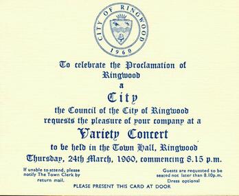 Photograph, Invitation to celebration of the proclamation of Ringwood as a City on 24th March 1960 at Ringwood Town Hall, a Variety Concert