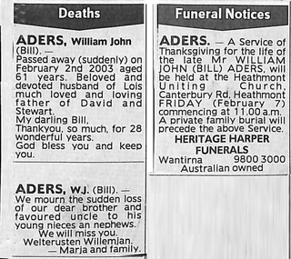 Newspaper - Death and Funeral notices, William John Aders (Bill) - February, 2003