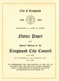 Photograph, Invitation to celebration of the proclamation of Ringwood as a City on 19th March 1960 at Ringwood Town Hall, special meeting of the Ringwood City Council