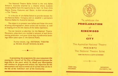 Photograph, Invitation to celebration of the proclamation of Ringwood as a City on 23rd March 1960 at Ringwood Town Hall, The National Theatre Ballet