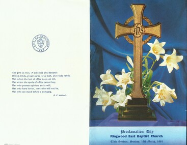 Photograph, Service on 19th March 1961 at Ringwood East Bapist Church to celebrate the anniversary of Proclamation Day for Ringwood City Council