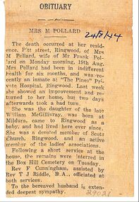 Newspaper, Newspaper cutting an Obituary for Mrs. M. Pollard 24 August 1944 of Pitt Street , Ringwood