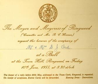 Photograph, Invitation for the Mayoral Ball on 10th June 1955 at Ringwood Town Hall from the Mayor RC Horman and Mayoress Gwen of the Borough of Ringwood