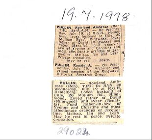 Newspaper, Death notice for Rowland Ambrose "Ellie" Pullin of Mullin Road , Ringwood, 19 July 1978