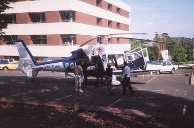 Photograph, First helicopter to arrive at Maroondah Hospital, about 1990-91.  It was used to take a child to the Children’s Hospital
