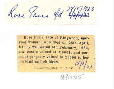 Newspaper, Notice of the estate of Rose Paris, late of Ringwood, who died 28 April 1923