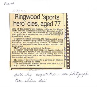 Newspaper, Cutting from The Mail 25-3-1987 - death of Mr. Kevin Pratt a well known Ringwood resident