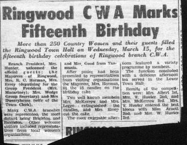Newspaper, Celebration of Ringwood CWA 15th birthday in March 1961. Group established 1946