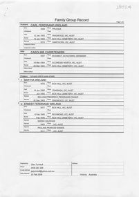 Document, Glen Turnbull, Family Group Record for Carl Ferdinand WIELAND and Caroline CHISTENSEN, 25/2/2008