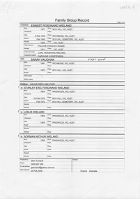 Document, Glen Turnbull, Family Group Records for Ernest Frederick WIELAND and his first Wife Sarah VAUGHAN (Married 1903) and second wife Pauline WANKE (Married 1911), 25/2/2008