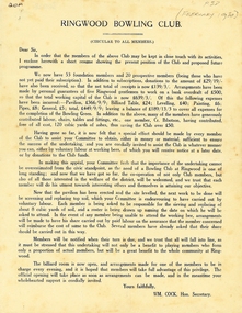 Document, Ringwood Bowling Club- Circular to all Members, February 1930