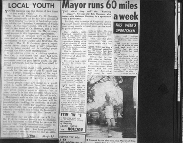 Newspaper, From RC Horman scrapbook, Mayor of Ringwood 1960/61, youth training and running Mayor