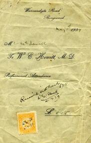 Newspaper, Danny McDowell's receipts for his Pines Hospital (Adelaide Street) Dr Hewitt delivery and hospital fees in February 1939