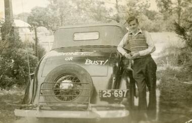Photograph, A young Bob Oke, unknown date. Ready for travelling in old car to Sydney. , Ringwood Scouts